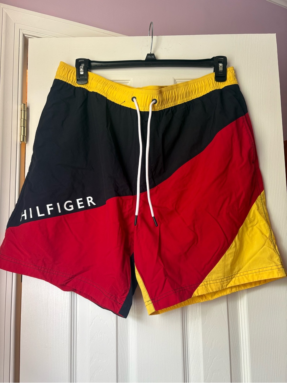 Tommy Hilfiger Men’s Colorblock Swim Trunks in Red, Black & Yellow